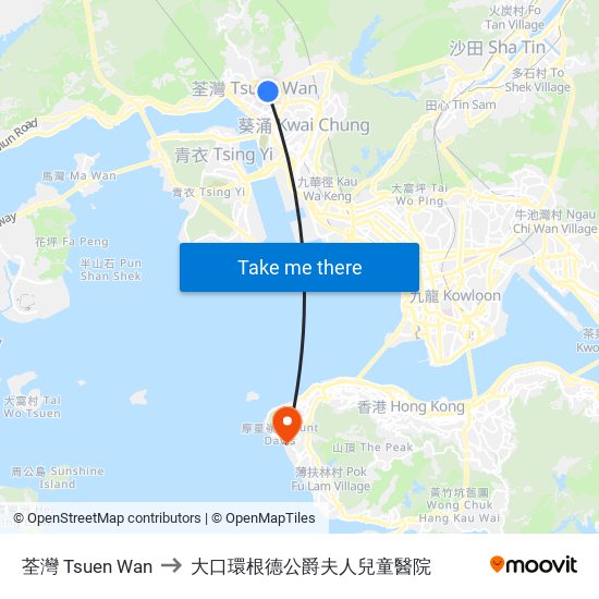 荃灣 Tsuen Wan to 大口環根德公爵夫人兒童醫院 map