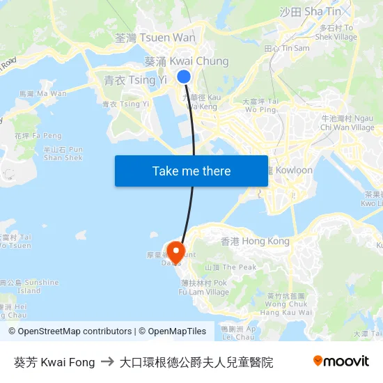 葵芳 Kwai Fong to 大口環根德公爵夫人兒童醫院 map
