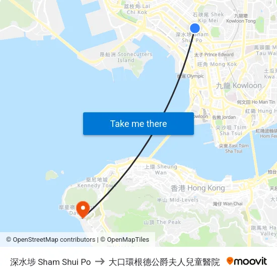 深水埗 Sham Shui Po to 大口環根德公爵夫人兒童醫院 map