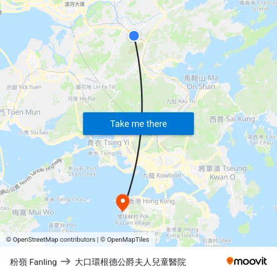 粉嶺 Fanling to 大口環根德公爵夫人兒童醫院 map