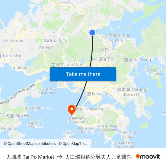 大埔墟 Tai Po Market to 大口環根德公爵夫人兒童醫院 map