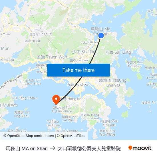 馬鞍山 MA on Shan to 大口環根德公爵夫人兒童醫院 map