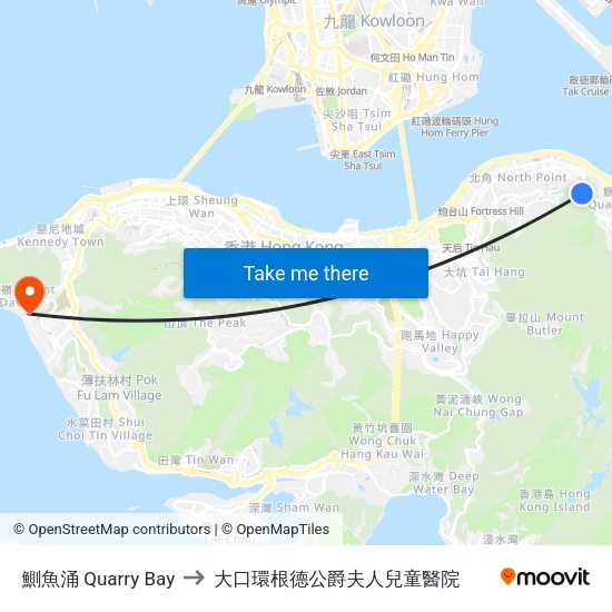 鰂魚涌 Quarry Bay to 大口環根德公爵夫人兒童醫院 map