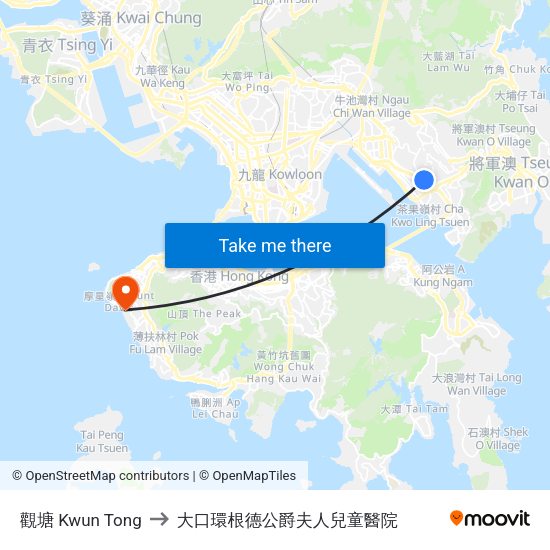 觀塘 Kwun Tong to 大口環根德公爵夫人兒童醫院 map