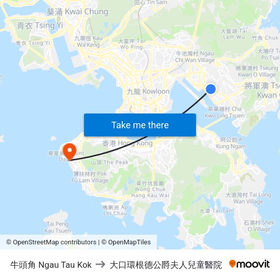 牛頭角 Ngau Tau Kok to 大口環根德公爵夫人兒童醫院 map