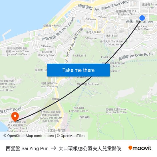 西營盤 Sai Ying Pun to 大口環根德公爵夫人兒童醫院 map