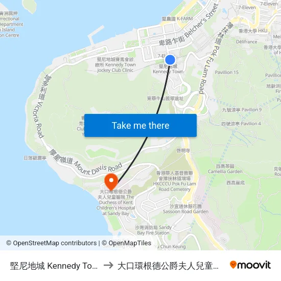 堅尼地城 Kennedy Town to 大口環根德公爵夫人兒童醫院 map