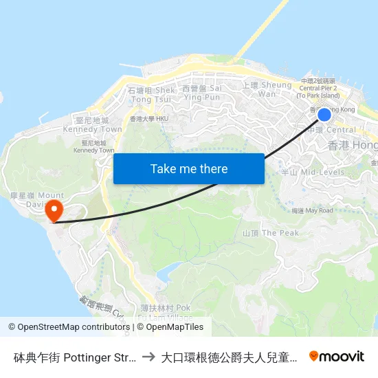 砵典乍街 Pottinger Street to 大口環根德公爵夫人兒童醫院 map