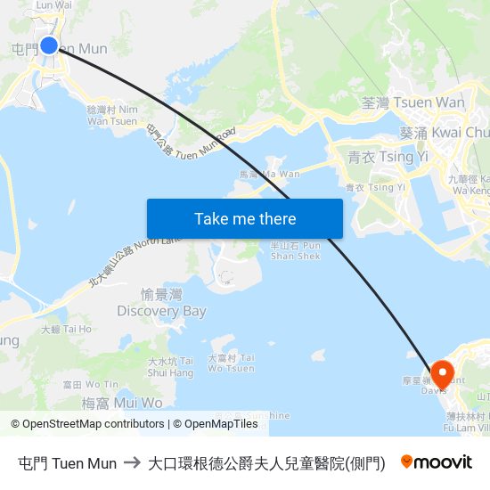 屯門 Tuen Mun to 大口環根德公爵夫人兒童醫院(側門) map