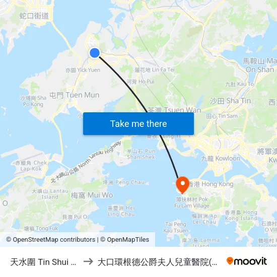 天水圍 Tin Shui Wai to 大口環根德公爵夫人兒童醫院(側門) map