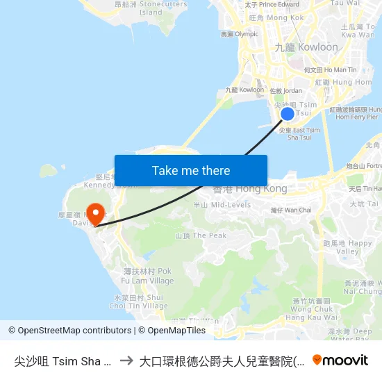 尖沙咀 Tsim Sha Tsui to 大口環根德公爵夫人兒童醫院(側門) map