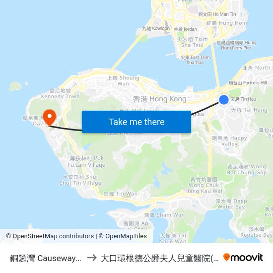 銅鑼灣 Causeway Bay to 大口環根德公爵夫人兒童醫院(側門) map