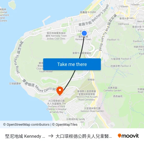 堅尼地城 Kennedy Town to 大口環根德公爵夫人兒童醫院(側門) map