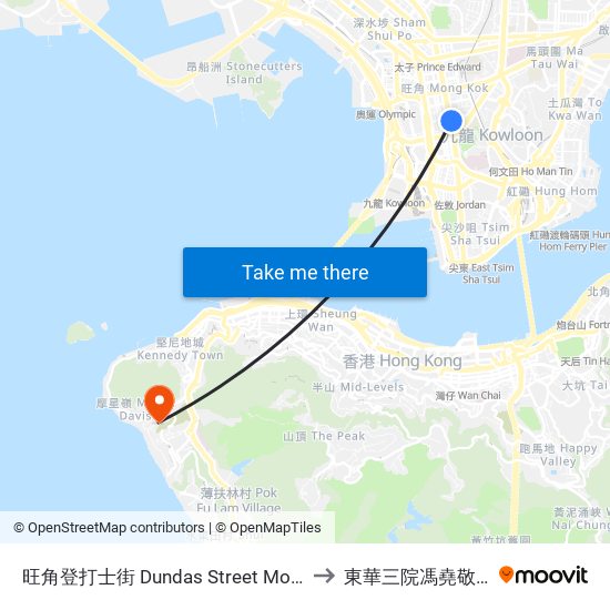 旺角登打士街 Dundas Street Mong Kok to 東華三院馮堯敬醫院 map