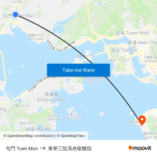 屯門 Tuen Mun to 東華三院馮堯敬醫院 map