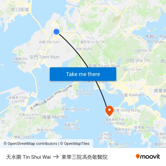 天水圍 Tin Shui Wai to 東華三院馮堯敬醫院 map