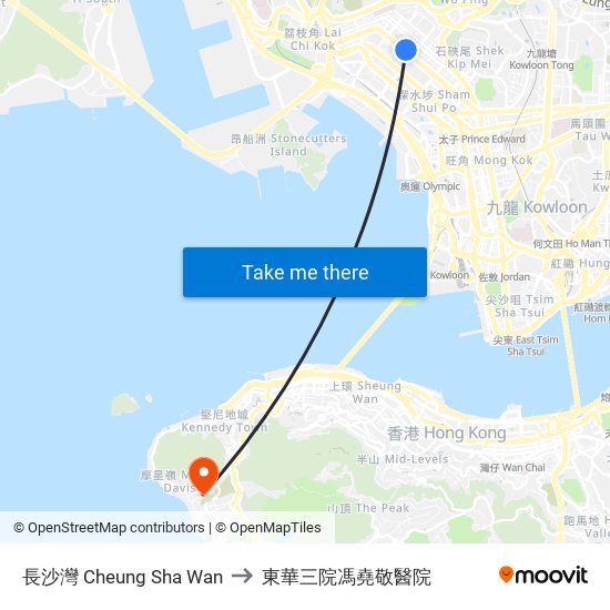 長沙灣 Cheung Sha Wan to 東華三院馮堯敬醫院 map