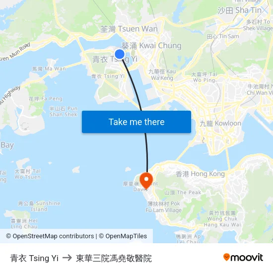 青衣 Tsing Yi to 東華三院馮堯敬醫院 map