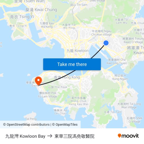 九龍灣 Kowloon Bay to 東華三院馮堯敬醫院 map