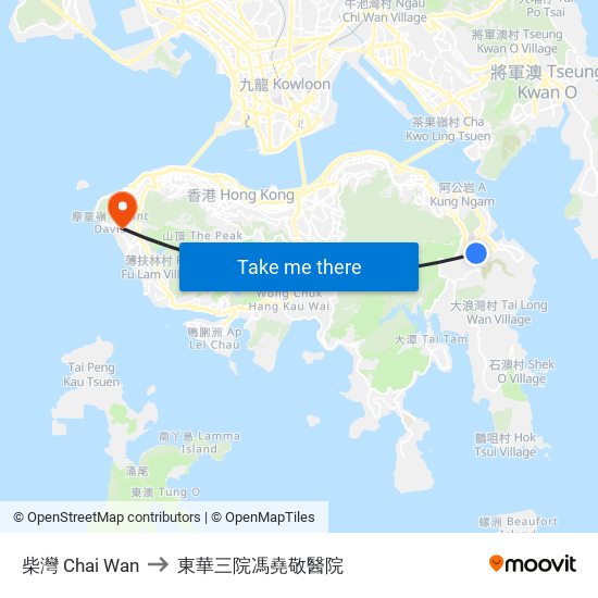 柴灣 Chai Wan to 東華三院馮堯敬醫院 map