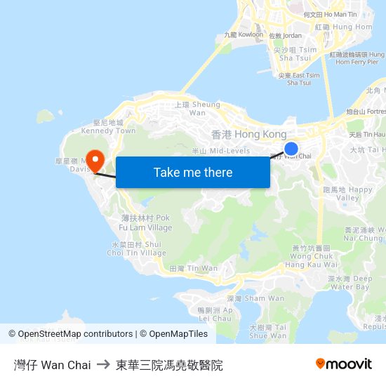 灣仔 Wan Chai to 東華三院馮堯敬醫院 map