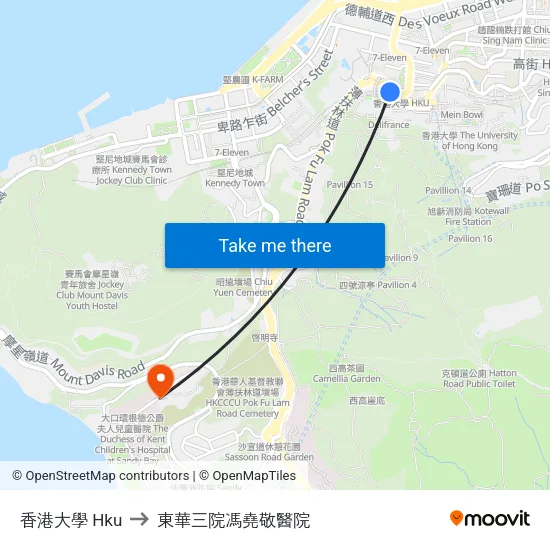 香港大學 Hku to 東華三院馮堯敬醫院 map