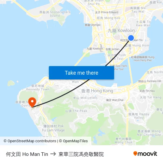 何文田 Ho Man Tin to 東華三院馮堯敬醫院 map