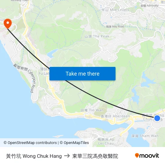 黃竹坑 Wong Chuk Hang to 東華三院馮堯敬醫院 map