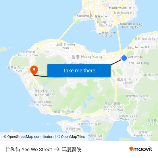 怡和街 Yee Wo Street to 瑪麗醫院 map