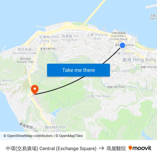 中環(交易廣場) Central (Exchange Square) to 瑪麗醫院 map