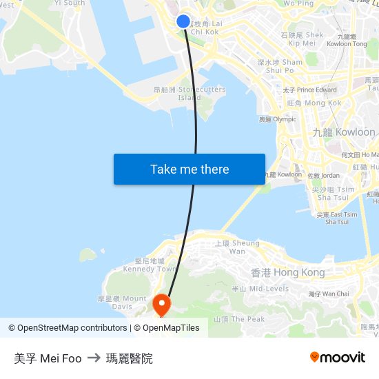 美孚 Mei Foo to 瑪麗醫院 map