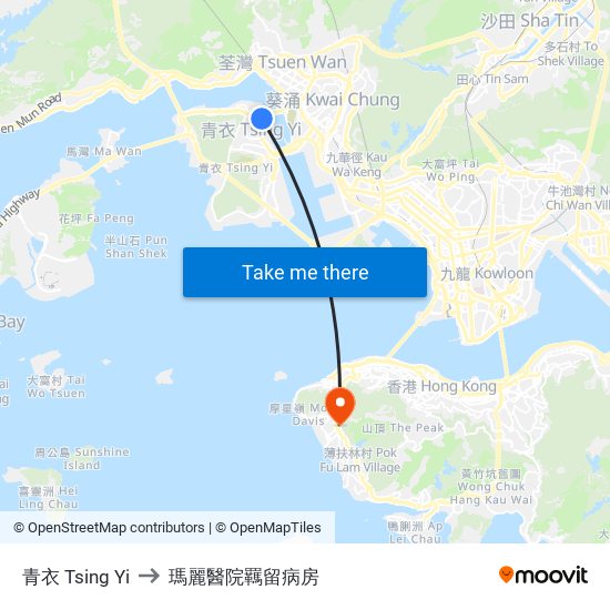 青衣 Tsing Yi to 瑪麗醫院羈留病房 map