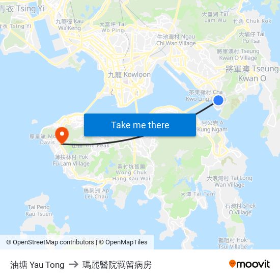 油塘 Yau Tong to 瑪麗醫院羈留病房 map