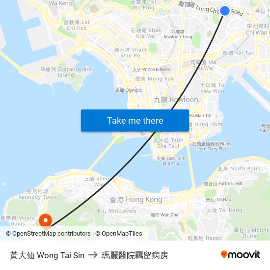 黃大仙 Wong Tai Sin to 瑪麗醫院羈留病房 map