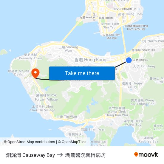 銅鑼灣 Causeway Bay to 瑪麗醫院羈留病房 map