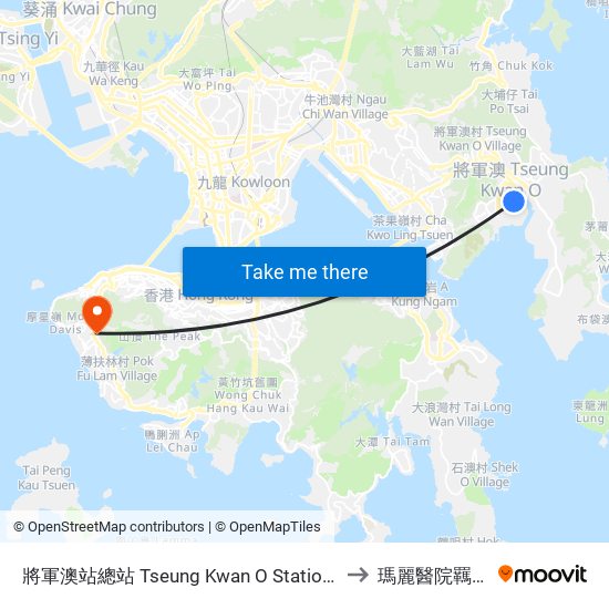 將軍澳站總站 Tseung Kwan O Station Bus Terminus to 瑪麗醫院羈留病房 map