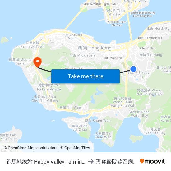 跑馬地總站 Happy Valley Terminus to 瑪麗醫院羈留病房 map