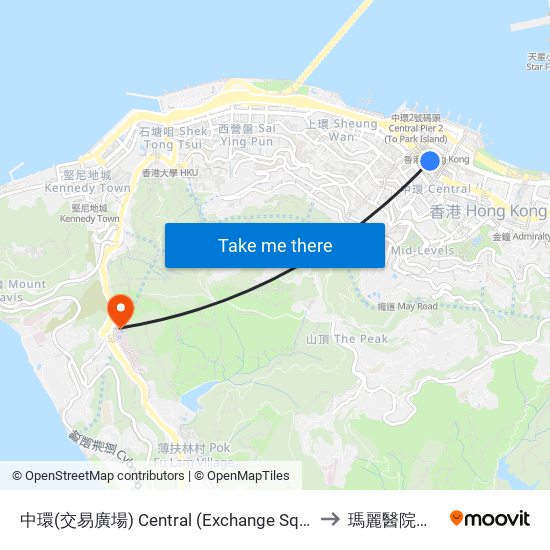 中環(交易廣場) Central (Exchange Square) to 瑪麗醫院急診 map