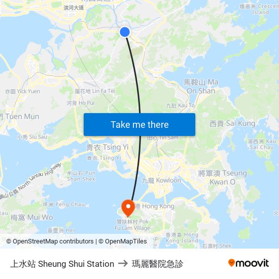 上水站 Sheung Shui Station to 瑪麗醫院急診 map