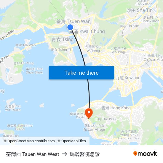 荃灣西 Tsuen Wan West to 瑪麗醫院急診 map