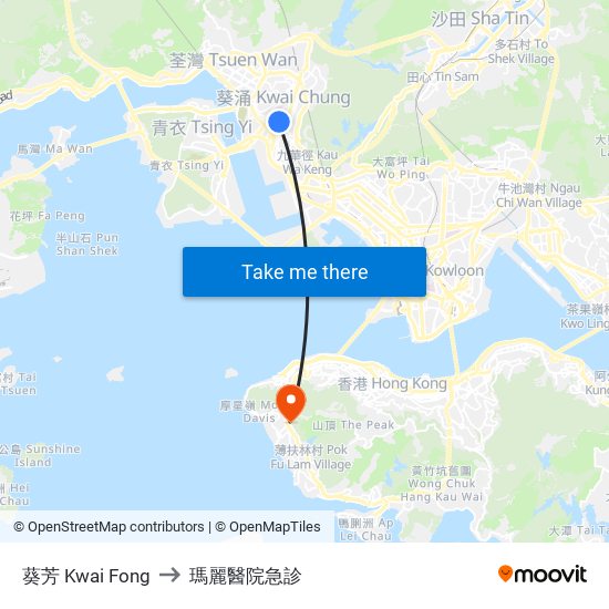 葵芳 Kwai Fong to 瑪麗醫院急診 map