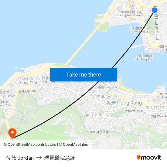 佐敦 Jordan to 瑪麗醫院急診 map