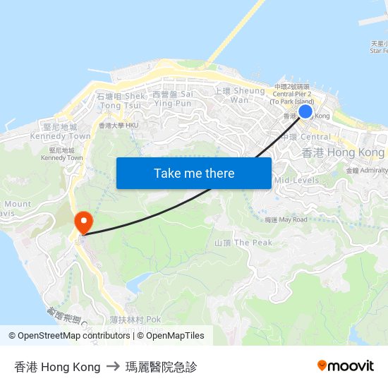 香港 Hong Kong to 瑪麗醫院急診 map