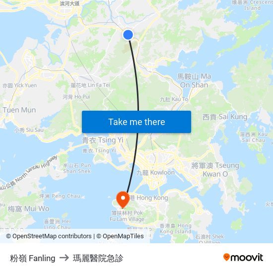 粉嶺 Fanling to 瑪麗醫院急診 map