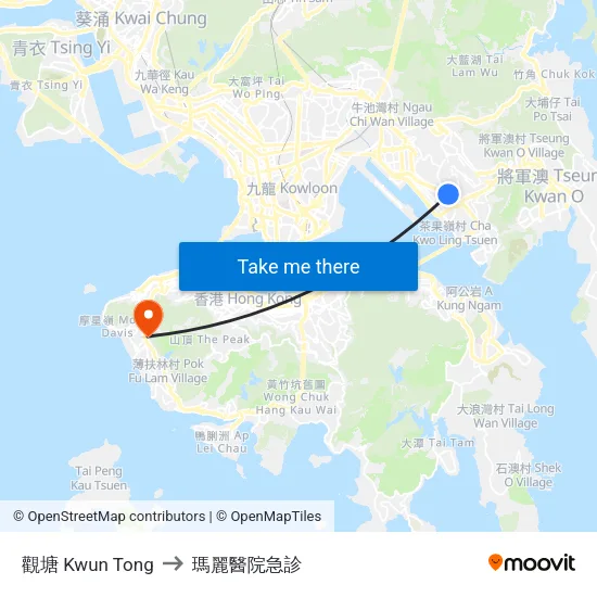 觀塘 Kwun Tong to 瑪麗醫院急診 map