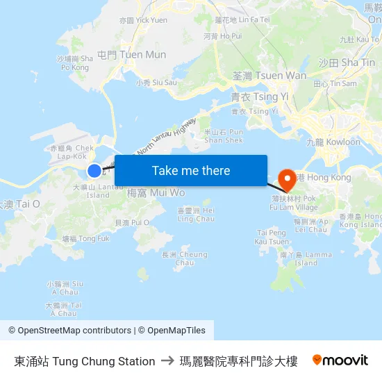 東涌站 Tung Chung Station to 瑪麗醫院專科門診大樓 map