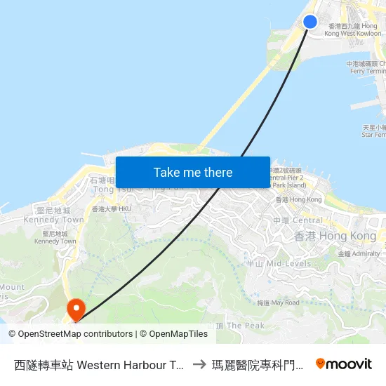 西隧轉車站 Western Harbour Tunnel Bbi to 瑪麗醫院專科門診大樓 map