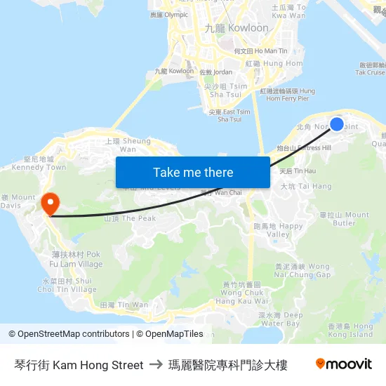 琴行街 Kam Hong Street to 瑪麗醫院專科門診大樓 map