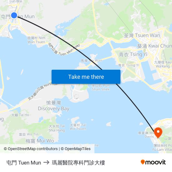 屯門 Tuen Mun to 瑪麗醫院專科門診大樓 map