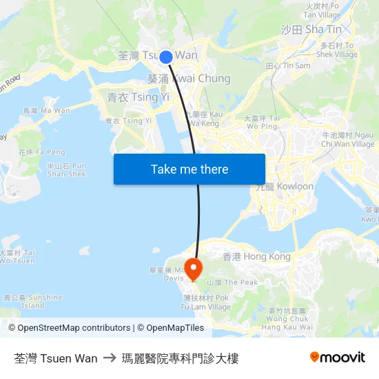 荃灣 Tsuen Wan to 瑪麗醫院專科門診大樓 map